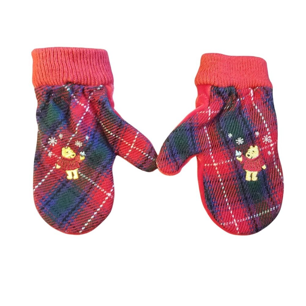 Disney Store Kids Vintage Plaid Velvet Mittens With Winter Character Design Red